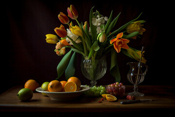 Stillleben mit Blumenvase und Orangen