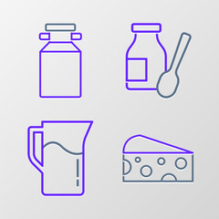 Set line Cheese, Milk jug or pitcher, Drinking yogurt in bottle and Can container for milk icon. Vector