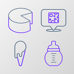 Set line Baby milk in a bottle, Ice cream waffle cone, Cheese and icon. Vector