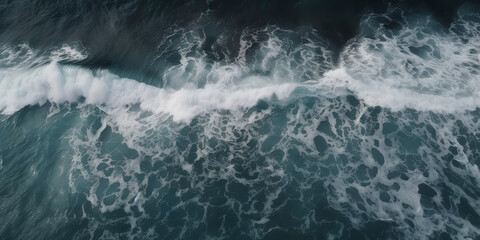 Fototapeta na wymiar Aerial top view of deep ocean waters, showcasing white waves in a captivating drone shot. Generative AI
