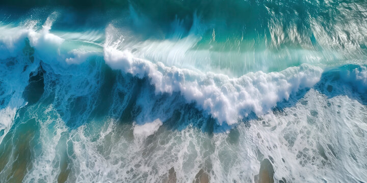 Spectacular drone-captured image of deep ocean waters with white waves in a top view. Generative AI