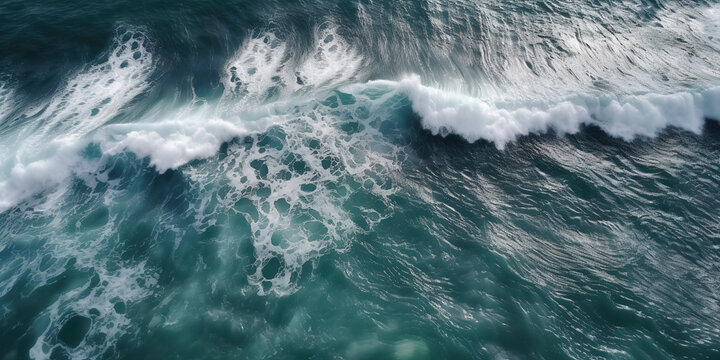 Spectacular drone-captured image of deep ocean waters with white waves in a top view. Generative AI