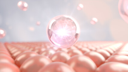 Glow pink bubbles drop to cell skin.Beauty cosmetic protect and anti aging with laboratory and science conceptual.