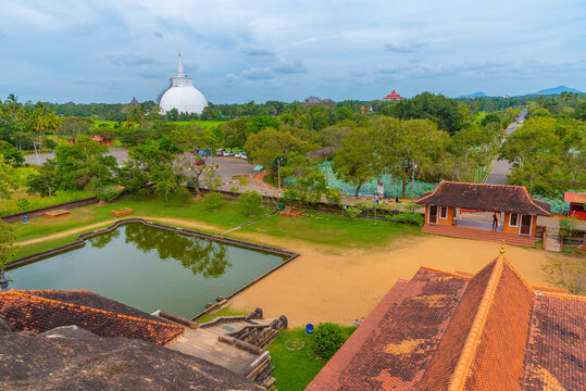 Sanda Hiru Seya stupa viewed from Isurumuniya Rajamaha Viharaya temple near Anuradhapura at Sri Lanka