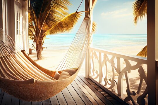 relaxing hammock on verandah of beachfront villa, with ocean waves in the background, created with generative ai