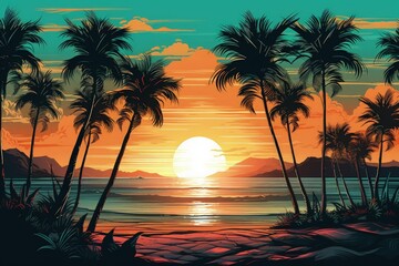 Obraz na płótnie Canvas tropical sunset with silhouetted palm trees created with Generative AI technology