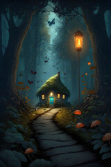 Cozy small house glowing in the night in the magical forest. Fairytale background. Generated AI