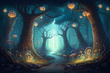 Magical forest with strange glowing mushrooms. Fairytale background. Generated AI