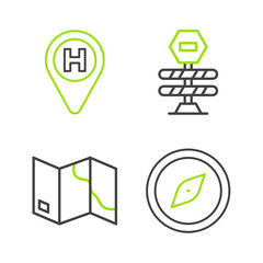 Set line Compass, Folded map, Road barrier and Helicopter landing pad icon. Vector