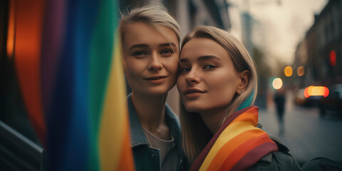 Kiss shared by young women, sunlit LGBTQ+ flag backdrop, and festive ribbons. Generative AI