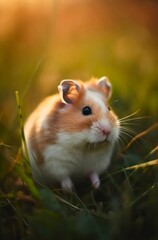 Little wild hamster in the grass at warm sunny day. Generative AI.