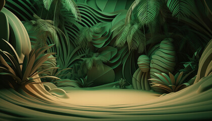 Tropical forest for product presentation. Scenery with green tropical plants