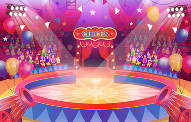 Circus arena with a round stage for the show. Many people watch the performance in the circus. Arena with spectators. Interior with seats, flags, spotlights and balloons, circus cannon. © NADEZHDA