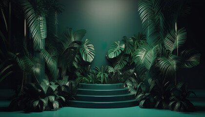 Scenery with green tropical plants. Exhibition podium for the display of products for advertising