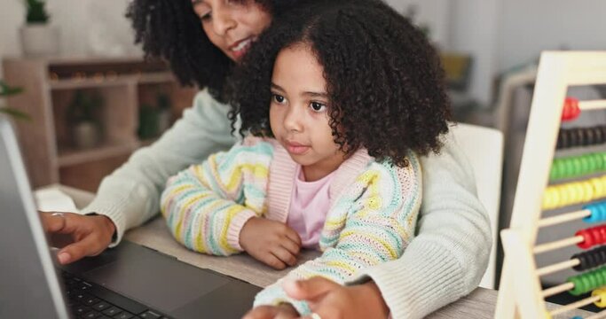 Laptop, education and mother with girl in home for online learning, educational games and abacus toys. Family, love and happy mom and kid on computer for bonding, lesson or child development together