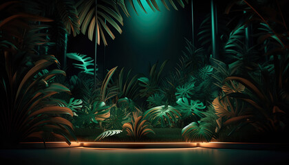 Fototapeta na wymiar Empty product display stage with light and tropical jungle in the background