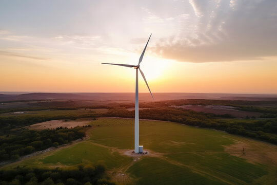 Picturesque aerial shot of a wind turbine farm at dusk. Generative AI