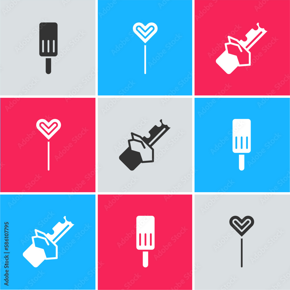 Sticker Set Ice cream, Lollipop and Bitten chocolate bar icon. Vector