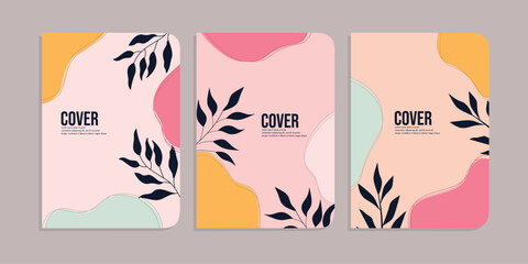 set of book cover designs with hand drawn floral decorations. abstract retro botanical background. A4 size For notebooks, books, school books, planners, brochures, books, catalogs