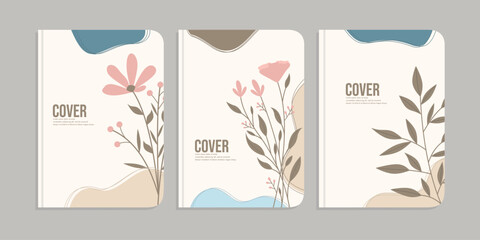 Fototapeta na wymiar set of book cover designs with hand drawn floral decorations. abstract retro botanical background. A4 size For notebooks, books, school books, planners, brochures, books, catalogs