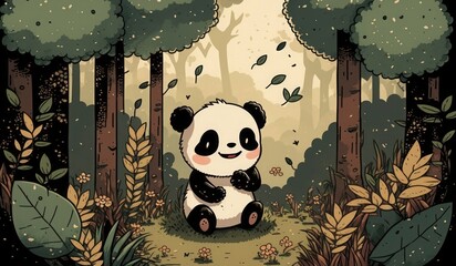 Fluffy cute panda baby in the forest in laughing happily, style, Animal, Panda baby, Generate Ai