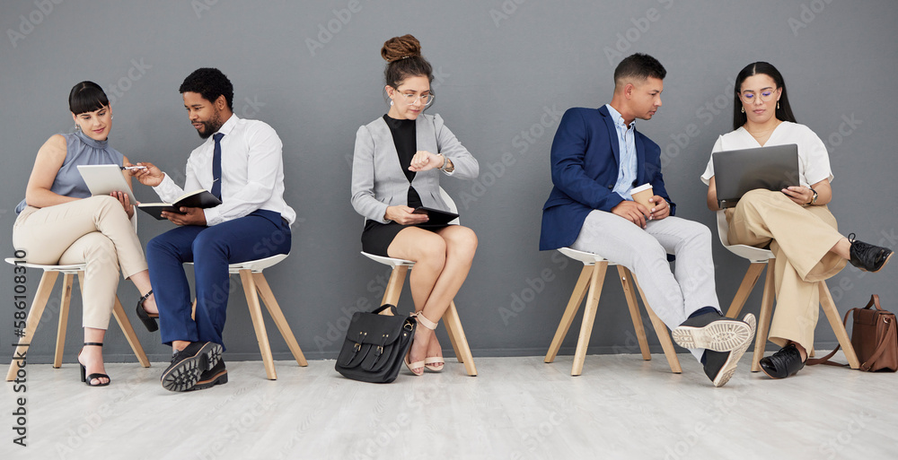 Poster talking, waiting and business people with tech in office, checking the time and planning. meeting, t