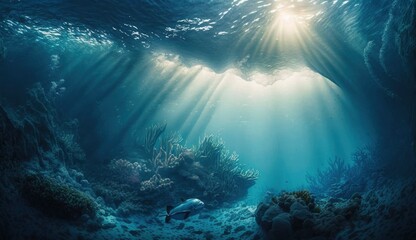 Fototapeta na wymiar Underwater sea in blue sunlight, Generate Ai