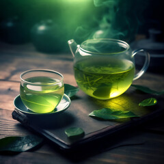 Fresh green tea in glass cup