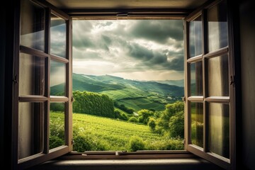 serene view of a countryside field through an open window created with Generative AI technology