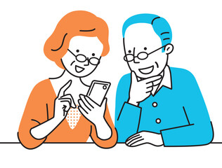 メガネを掛けてスマホを見るシニア夫婦のイラスト素材