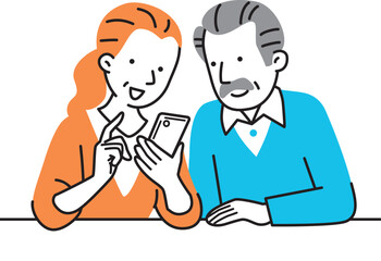スマホを見るシニア夫婦のイラスト素材