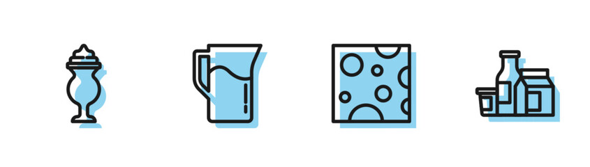 Set line Cheese, Milkshake, jug or pitcher and product icon. Vector