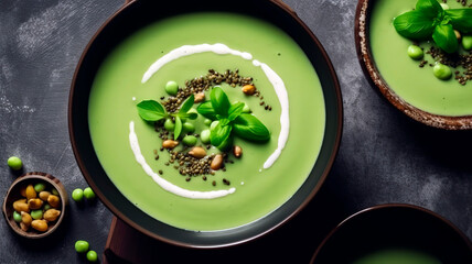 A Warm and Comforting Meal: Green Pea Cream Soup in a Dark Plate