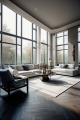 Fototapeta na wymiar Spacious bright living room with panoramic windows. AI Generated
