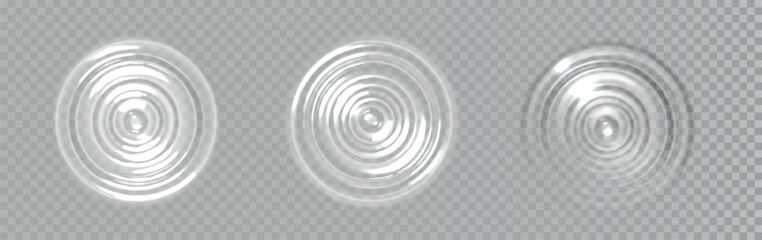 Water ripple circle waves. Realistic splash concentric rings on liquid surface from falling drop isolated on transparent background. Vector circle ripple top view.