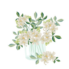 watercolor white murraya orange jasmine flower bouquet in glass vase clipart