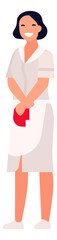 Woman in apron holding cleaning cloth. Service worker standing