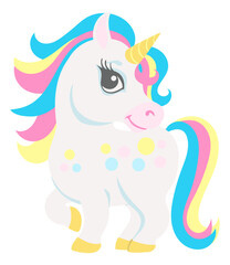 Cute unicorn standing. Happy cartoon animal smiling