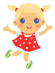Cute blonde girl smiling. Happy jumping kid. Fun cartoon character