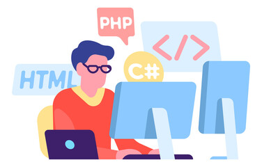 Man coding at computer. Web development engineer working with programming languages