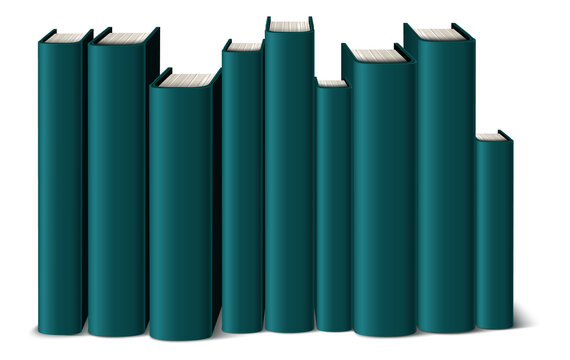 Green book spines mockup. Stack of hardcovers standing