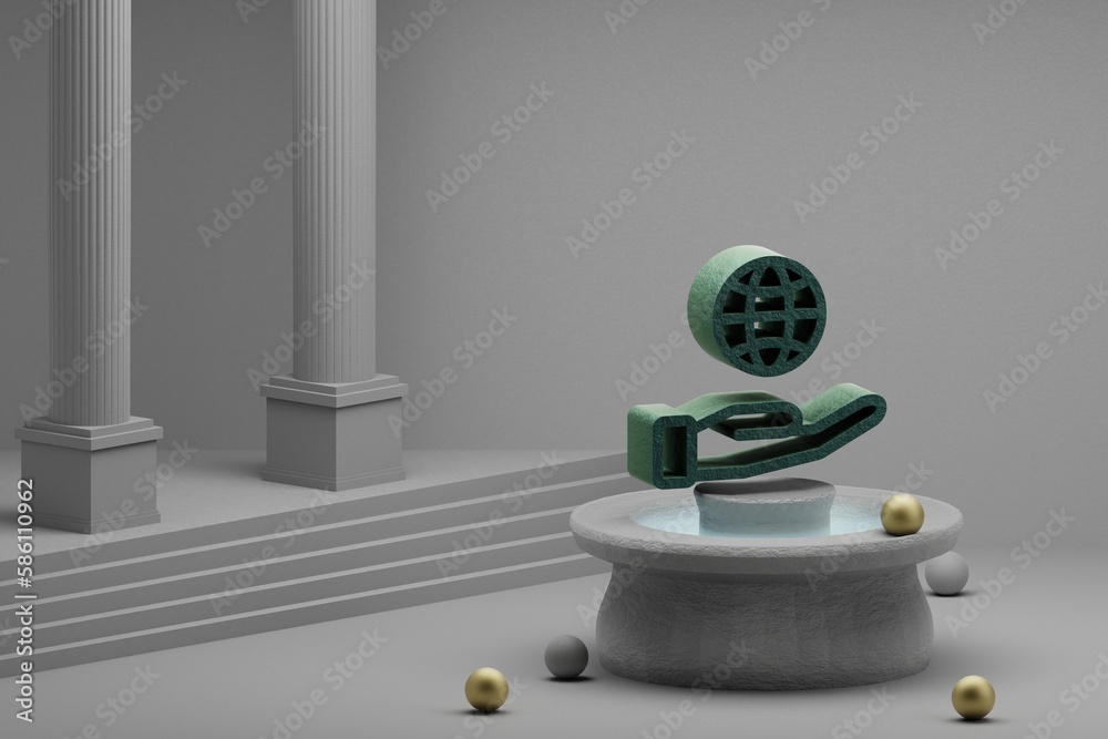 Poster beautiful abstract illustrations save earth symbol icon on a fountain and column background. 3d rend