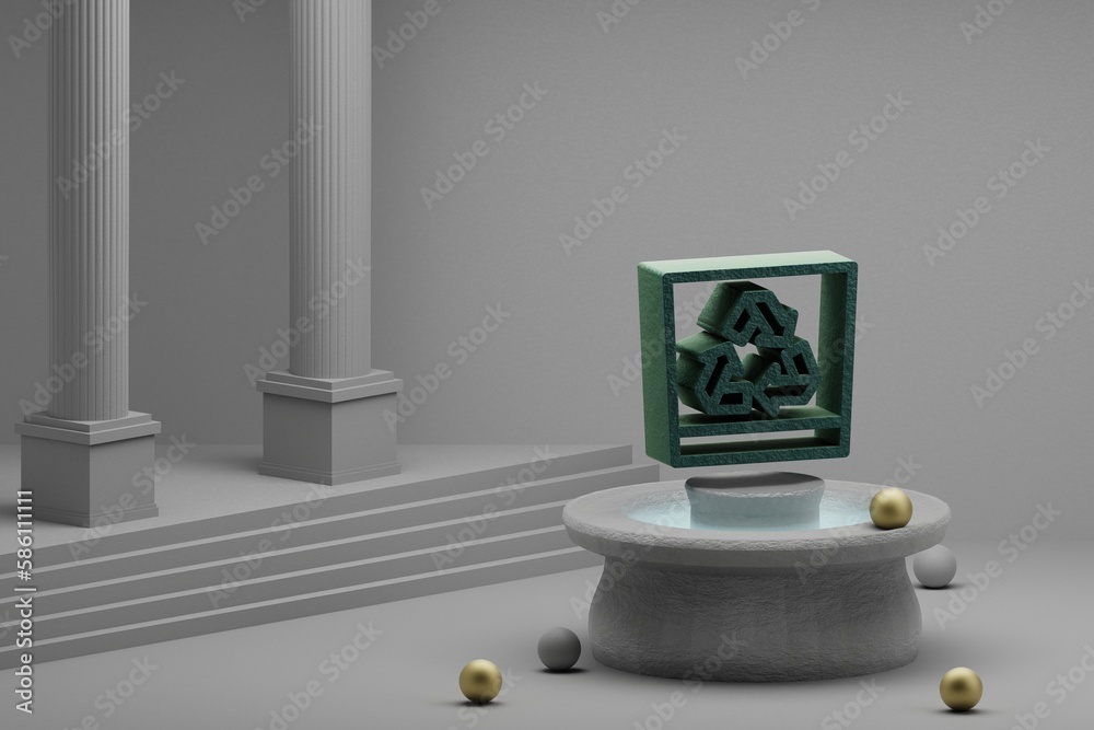 Leinwandbilder beautiful abstract illustrations recycle symbol icon on a fountain and column background. 3d renderi