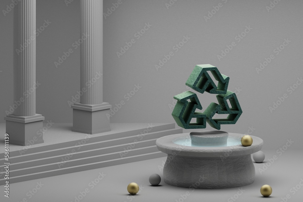 Fototapete beautiful abstract illustrations recycle symbol icon on a fountain and column background. 3d renderi
