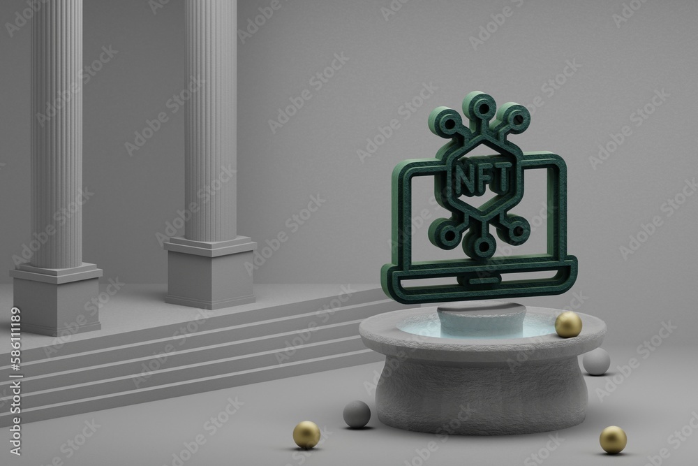 Aufkleber Beautiful abstract illustrations Green NFT laptop symbol icon on a fountain and column background. 3d rendering illustration.