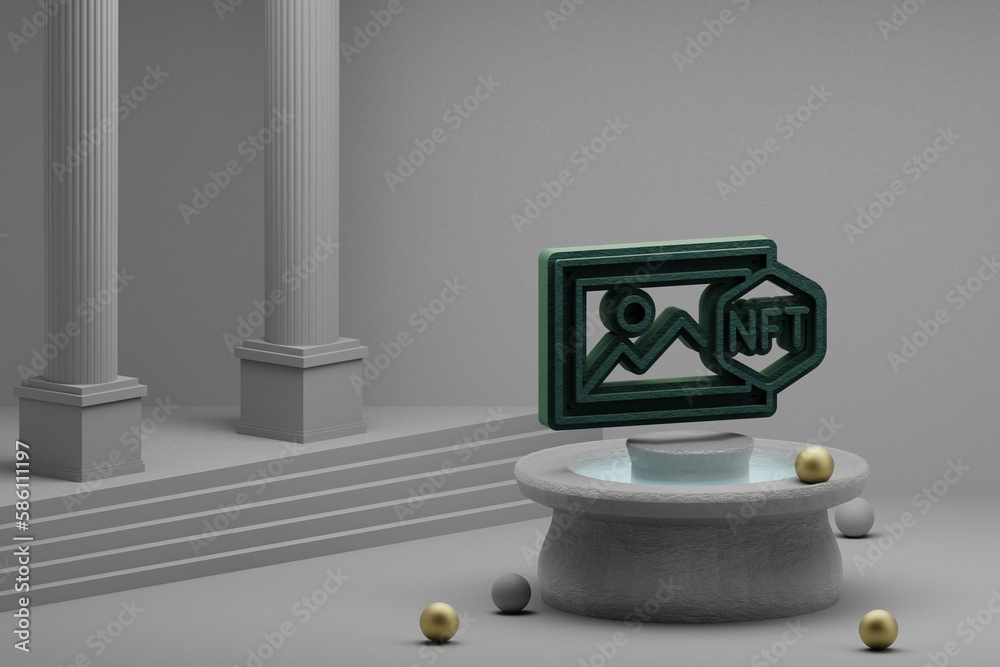 Aufkleber beautiful abstract illustrations green nft art symbol icon on a fountain and column background. 3d r