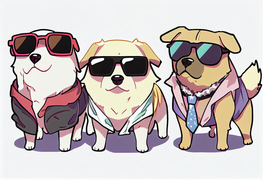 Three stylish dogs in clothes and sunglasses pose on stage, painted picture with paints. AI Generated