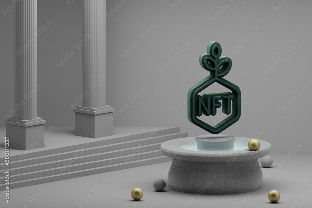 Poster beautiful abstract illustrations green nft investment symbol icon on a fountain and column backgroun