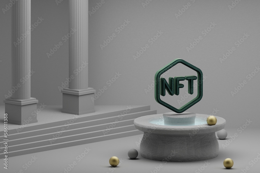 Poster beautiful abstract illustrations green nft token symbol icon on a fountain and column background. 3d