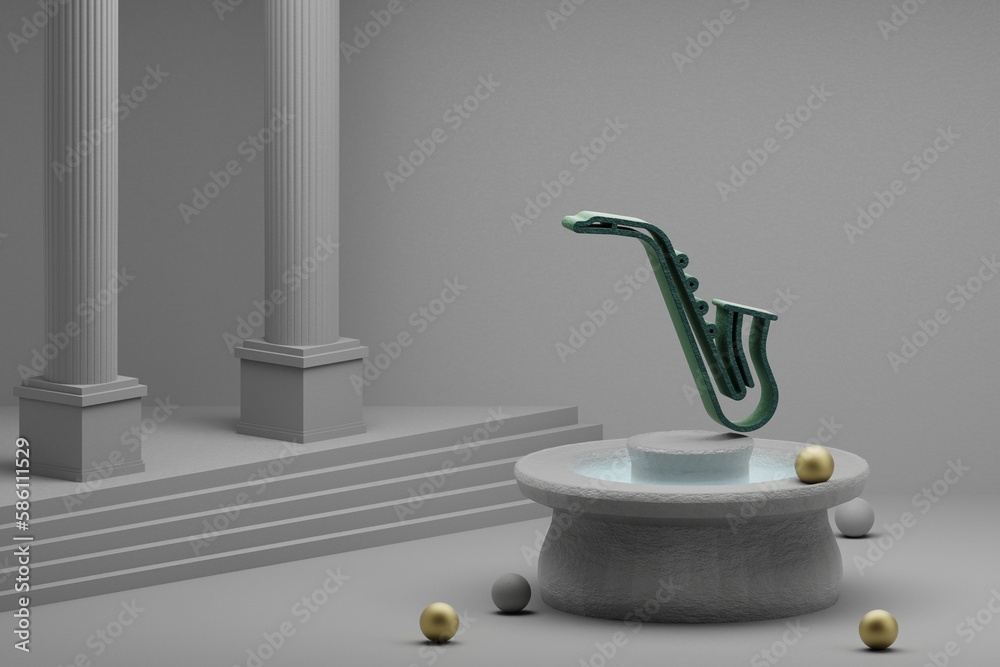 Poster beautiful abstract illustrations musical inclined saxofon symbol icon on a fountain and column backg